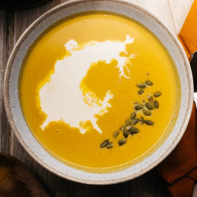 bowl of keto pumpkin soup on a table