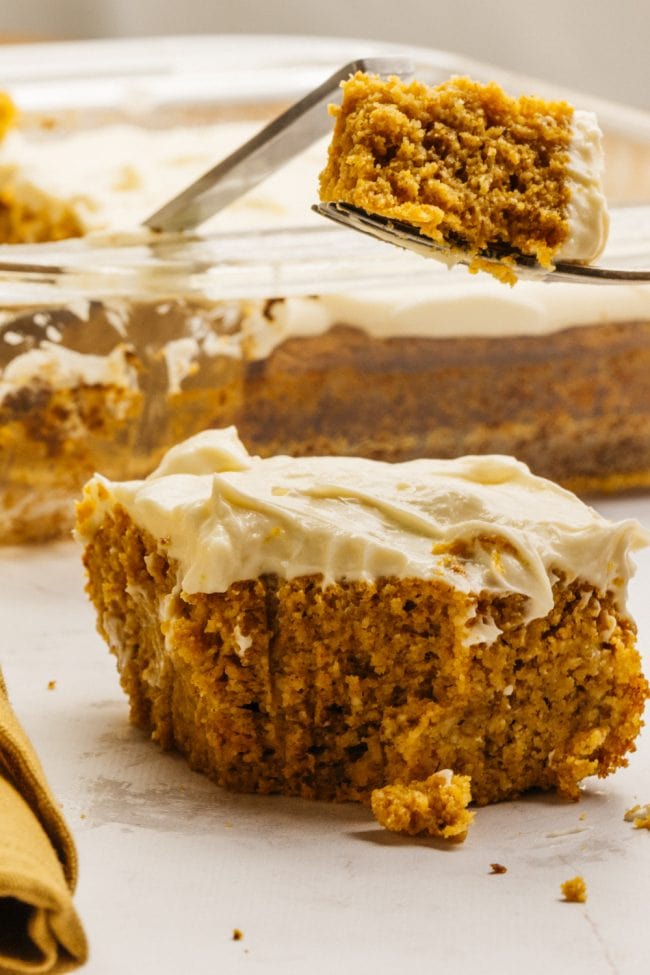 keto pumpkin bars with a bite taken out of it